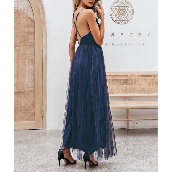 Navy Blue Criss Cross Back Mesh Elegant Maxi Dress - Picture 2 of 11